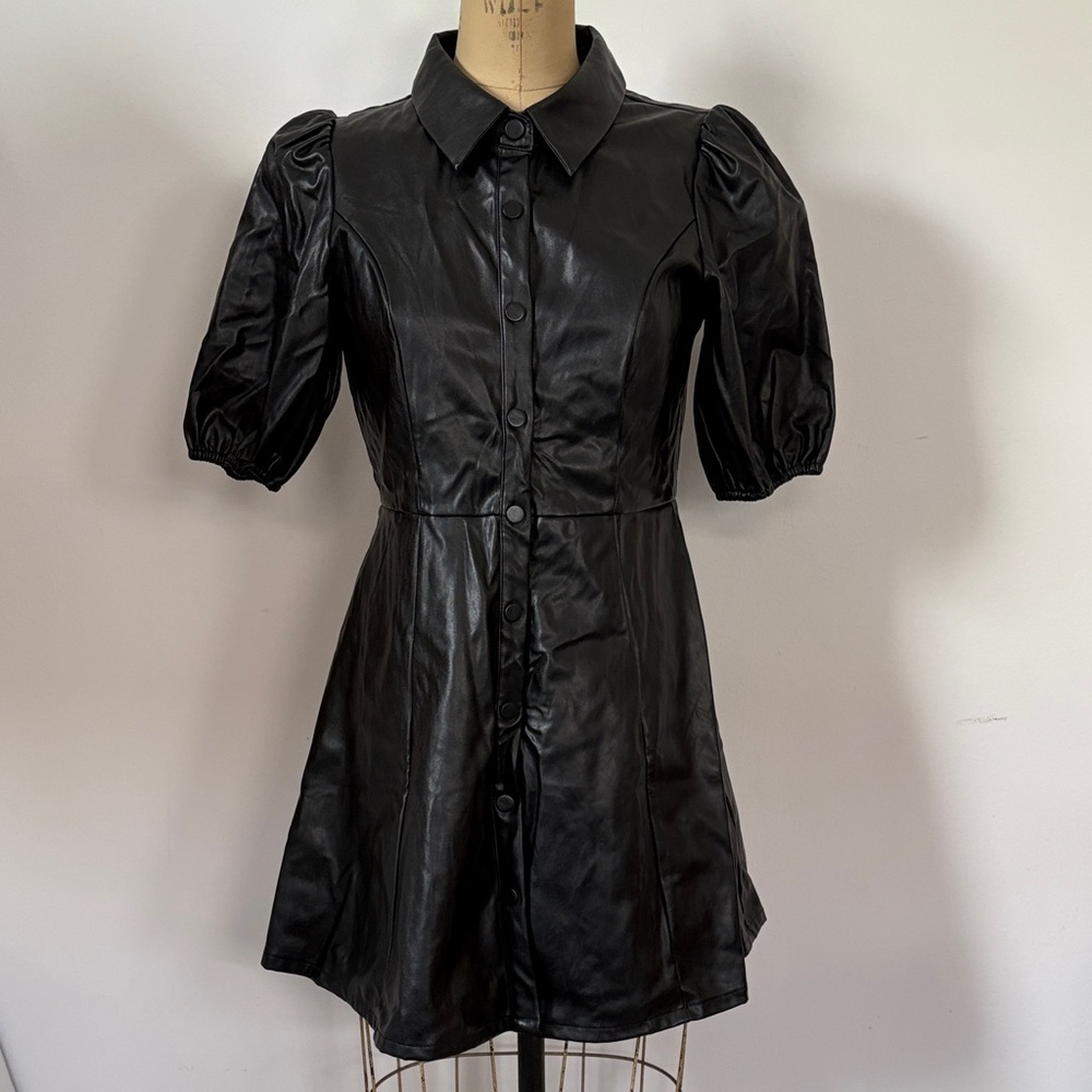 TCEC Black Puff Sleeve Vegan Leather Babydoll Dress M